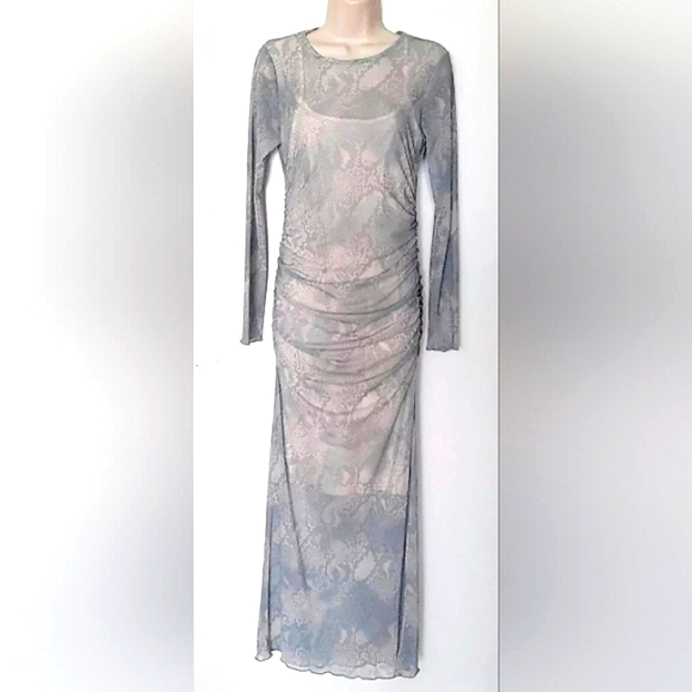 5/$50 No Comment Sheer Rouched Maxi Dress Snake Print Pink/Green/Grey Sz. S - Picture 2 of 6